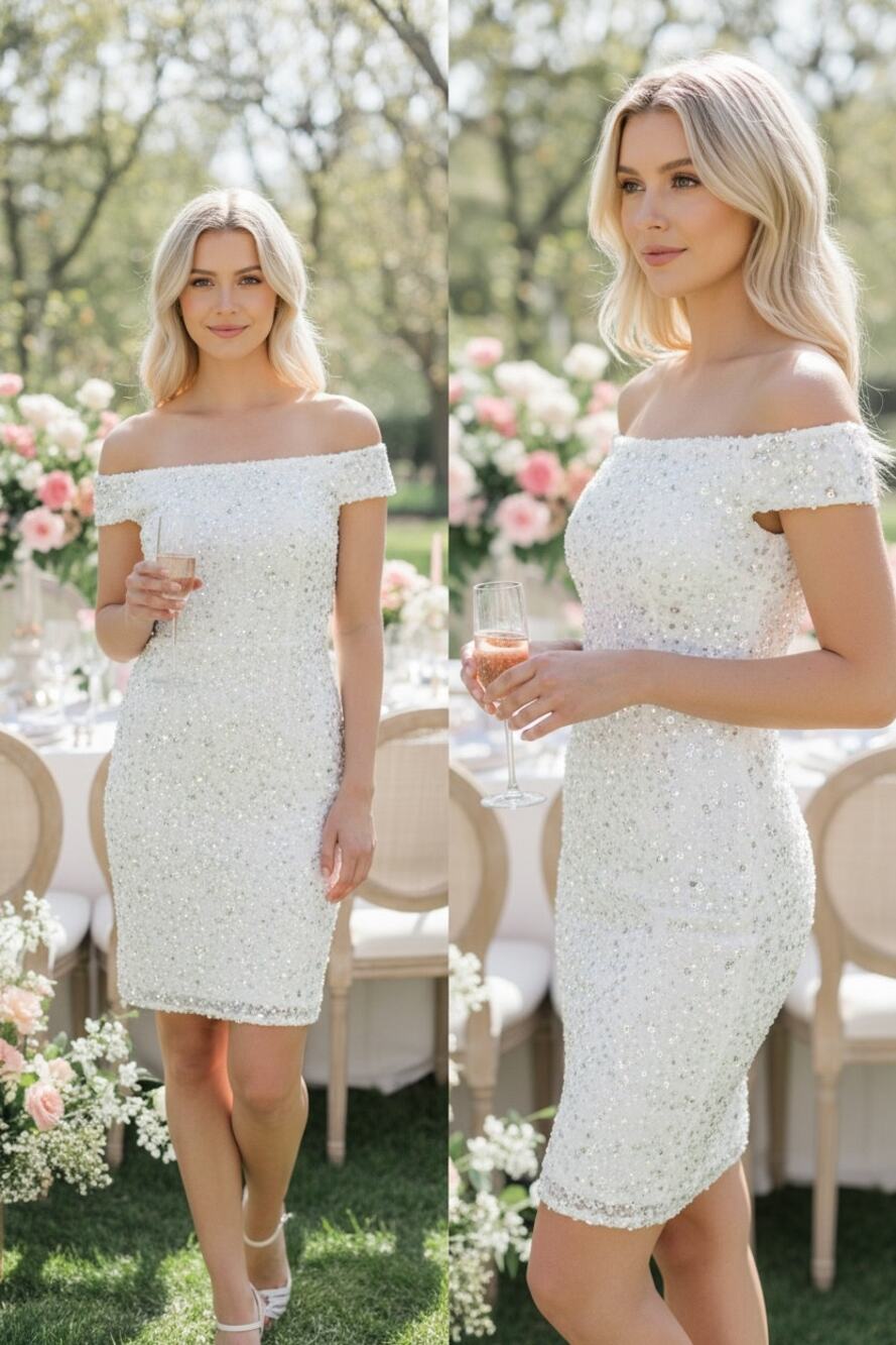 Adrianna Papell White Sequin Beaded Dress Bridal Wedding
